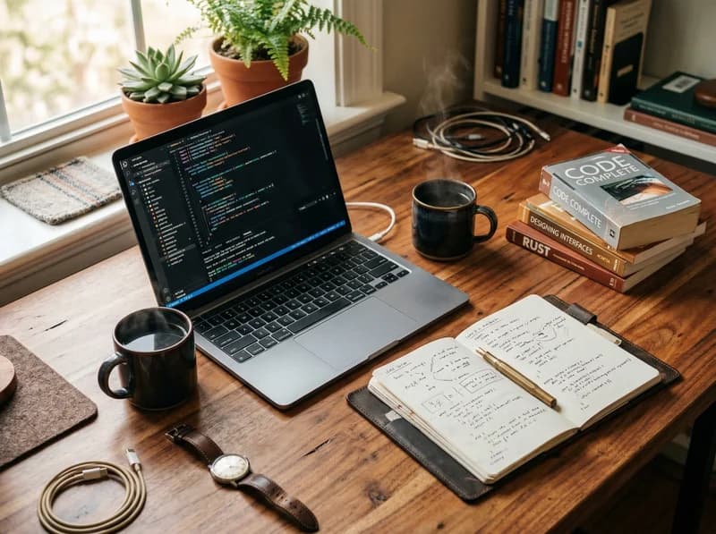 A warm developer workspace with laptop, coffee, and notes — the Practical Foundry studio